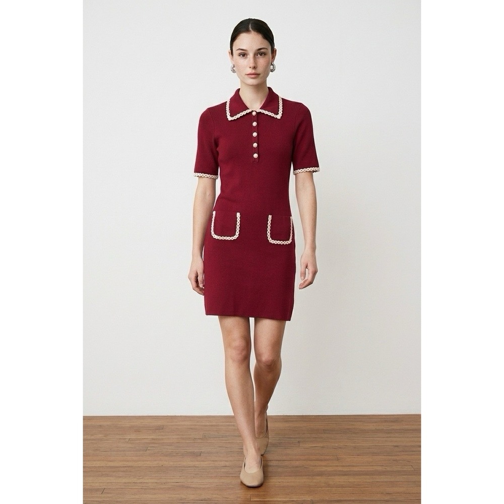 Alexia Admor Red Knit Sweater Dress Small Pearl Buttons Preppy Quiet Luxury